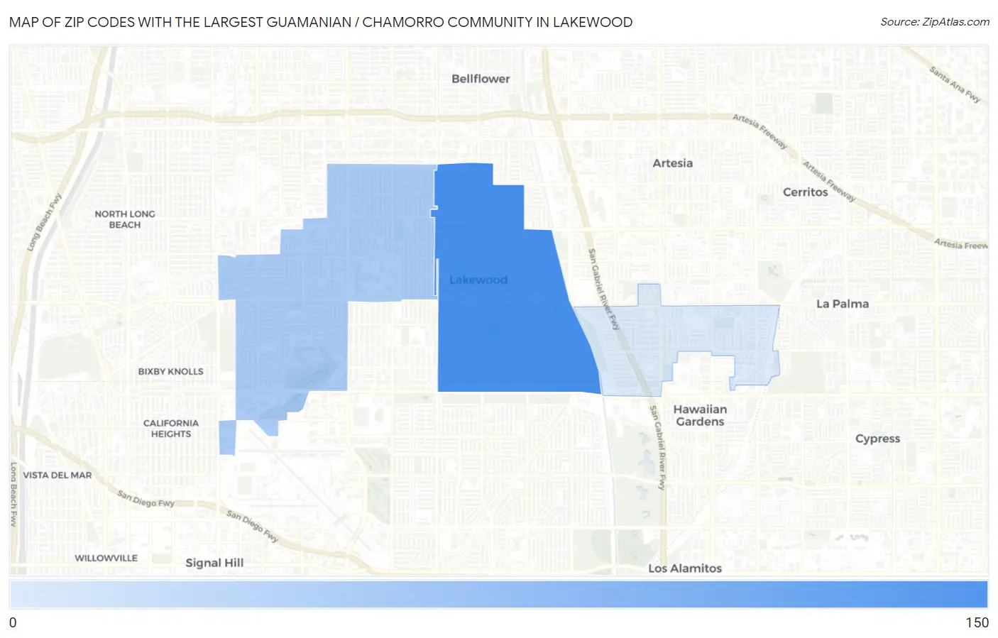 Zip Codes with the Largest Guamanian / Chamorro Community in Lakewood Map