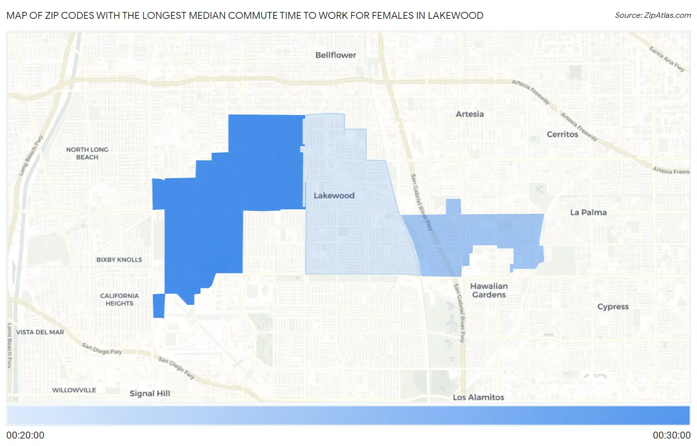 Zip Codes with the Longest Median Commute Time to Work for Females in Lakewood Map