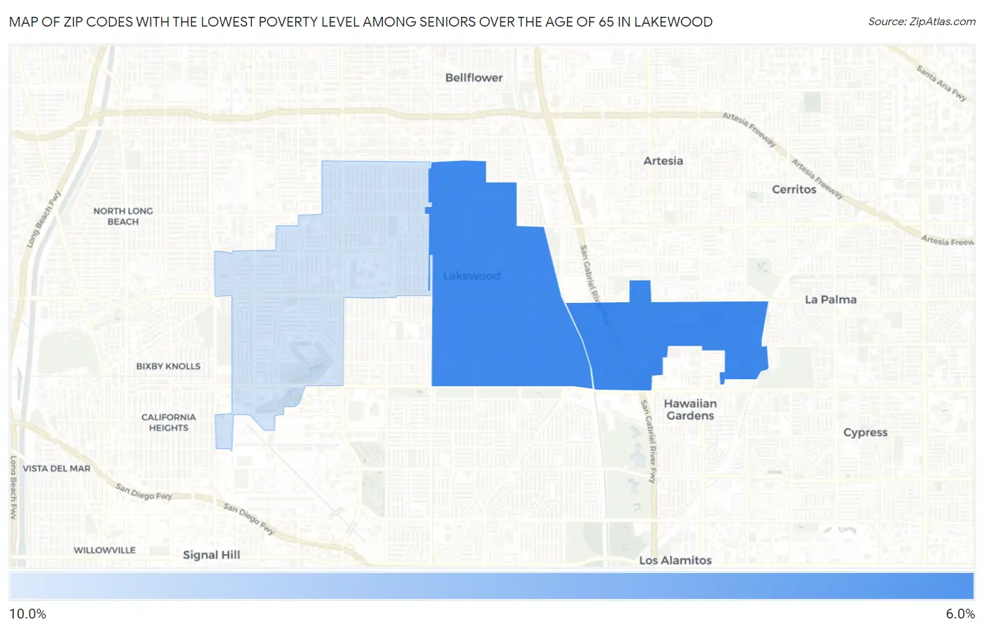 Zip Codes with the Lowest Poverty Level Among Seniors Over the Age of 65 in Lakewood Map