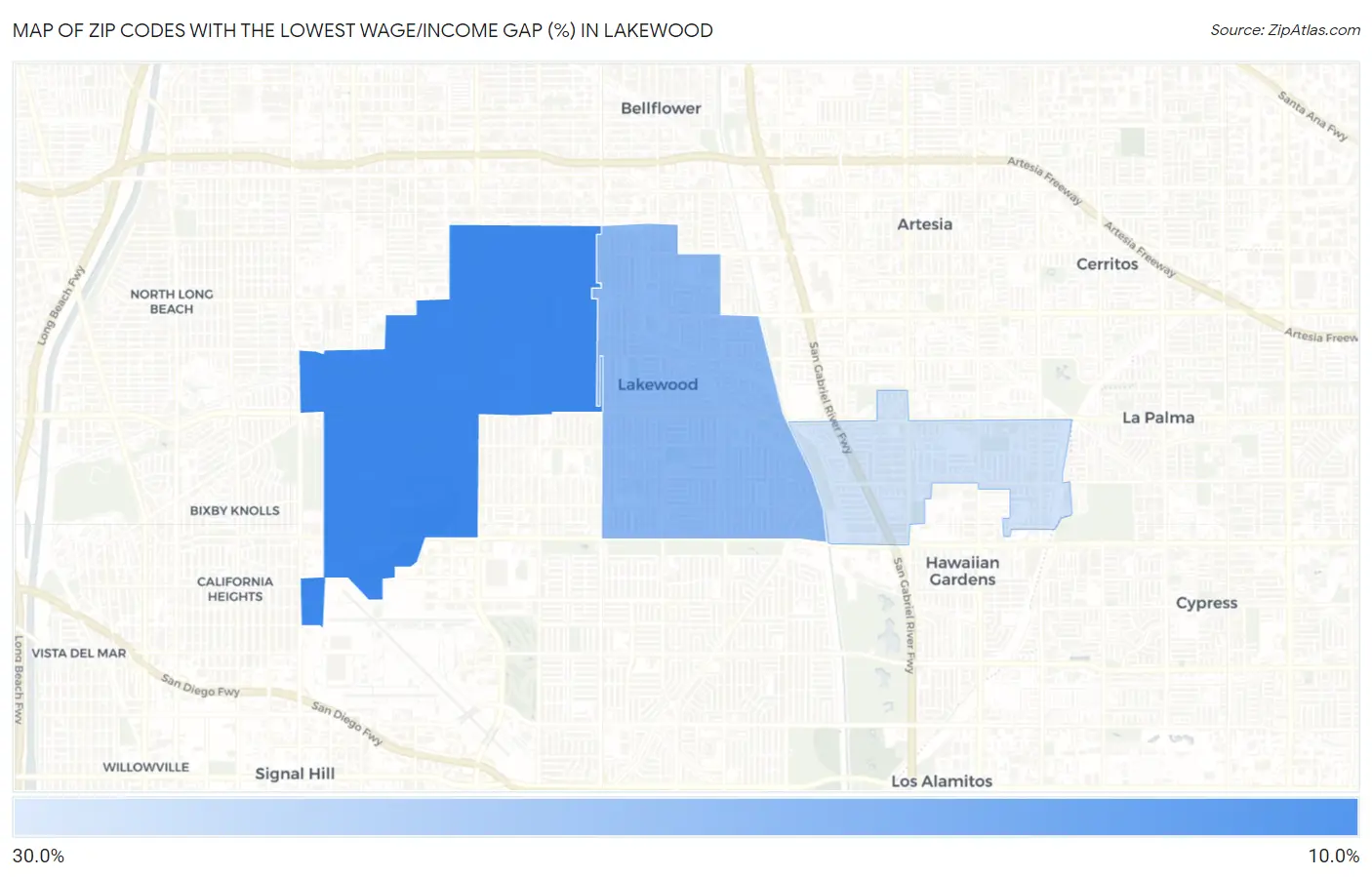 Zip Codes with the Lowest Wage/Income Gap (%) in Lakewood Map