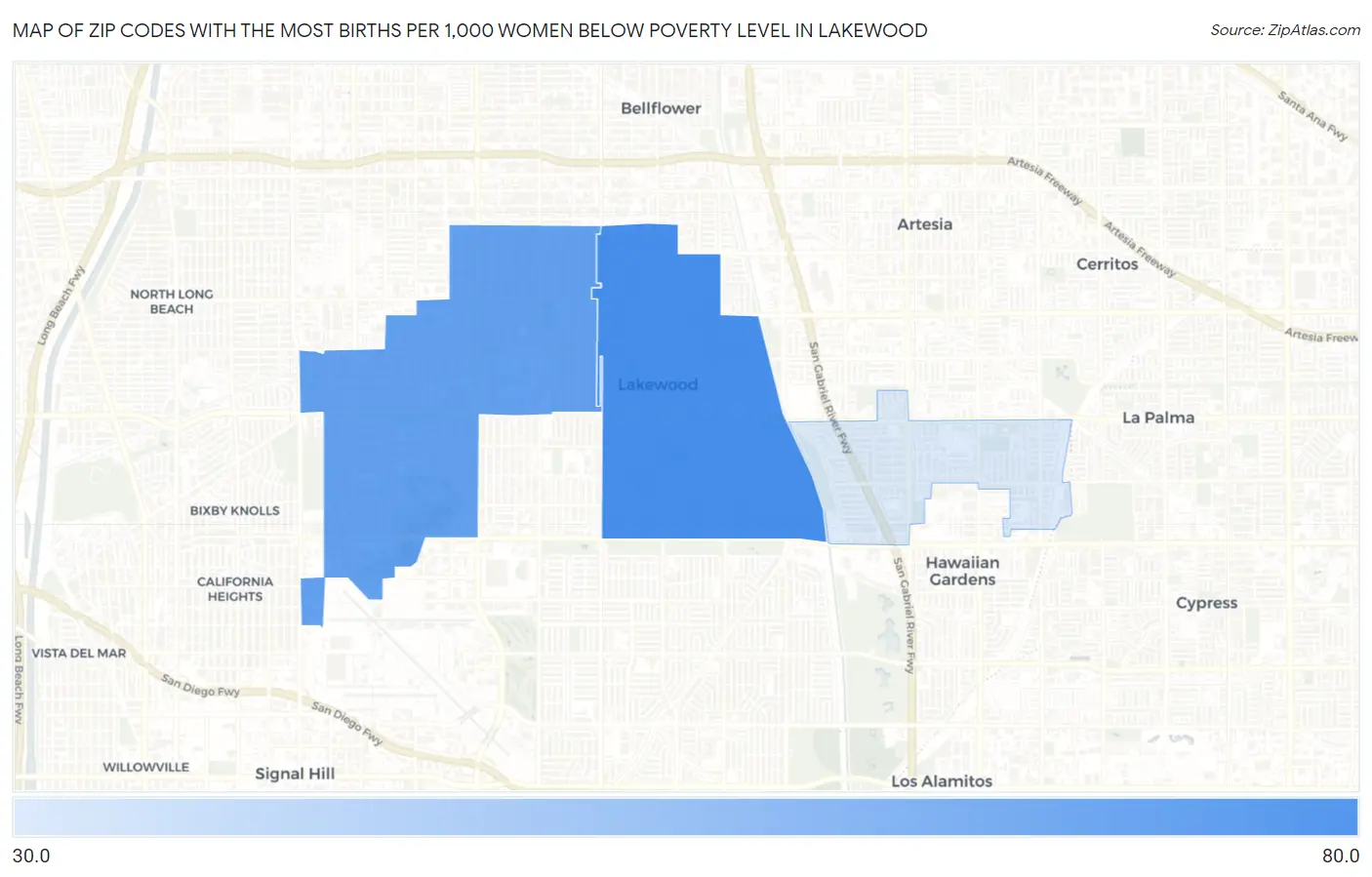 Zip Codes with the Most Births per 1,000 Women Below Poverty Level in Lakewood Map