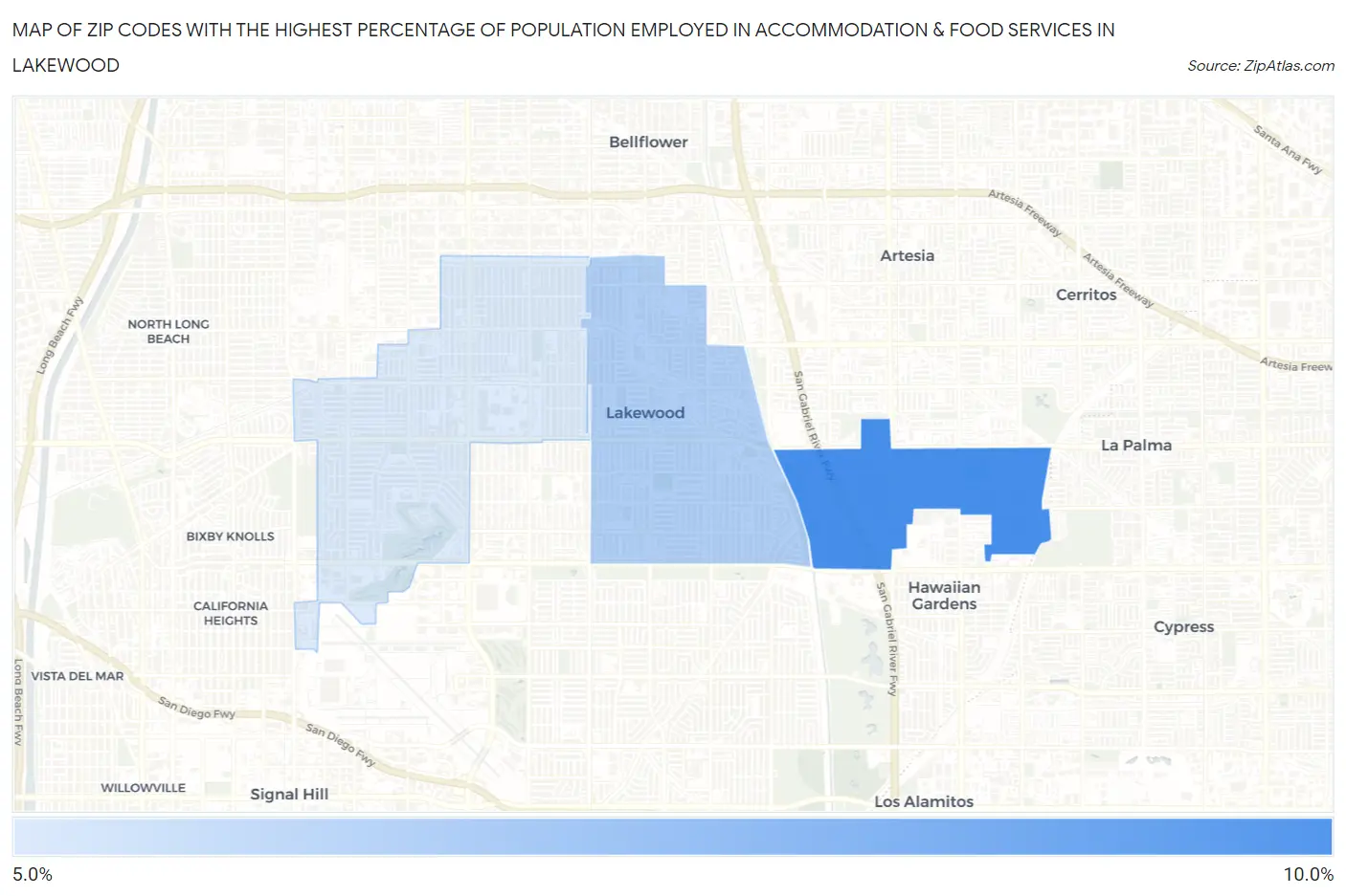 Zip Codes with the Highest Percentage of Population Employed in Accommodation & Food Services in Lakewood Map