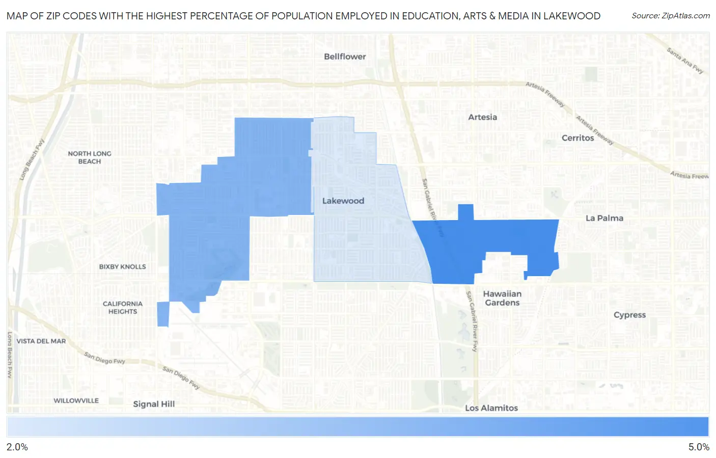 Zip Codes with the Highest Percentage of Population Employed in Education, Arts & Media in Lakewood Map