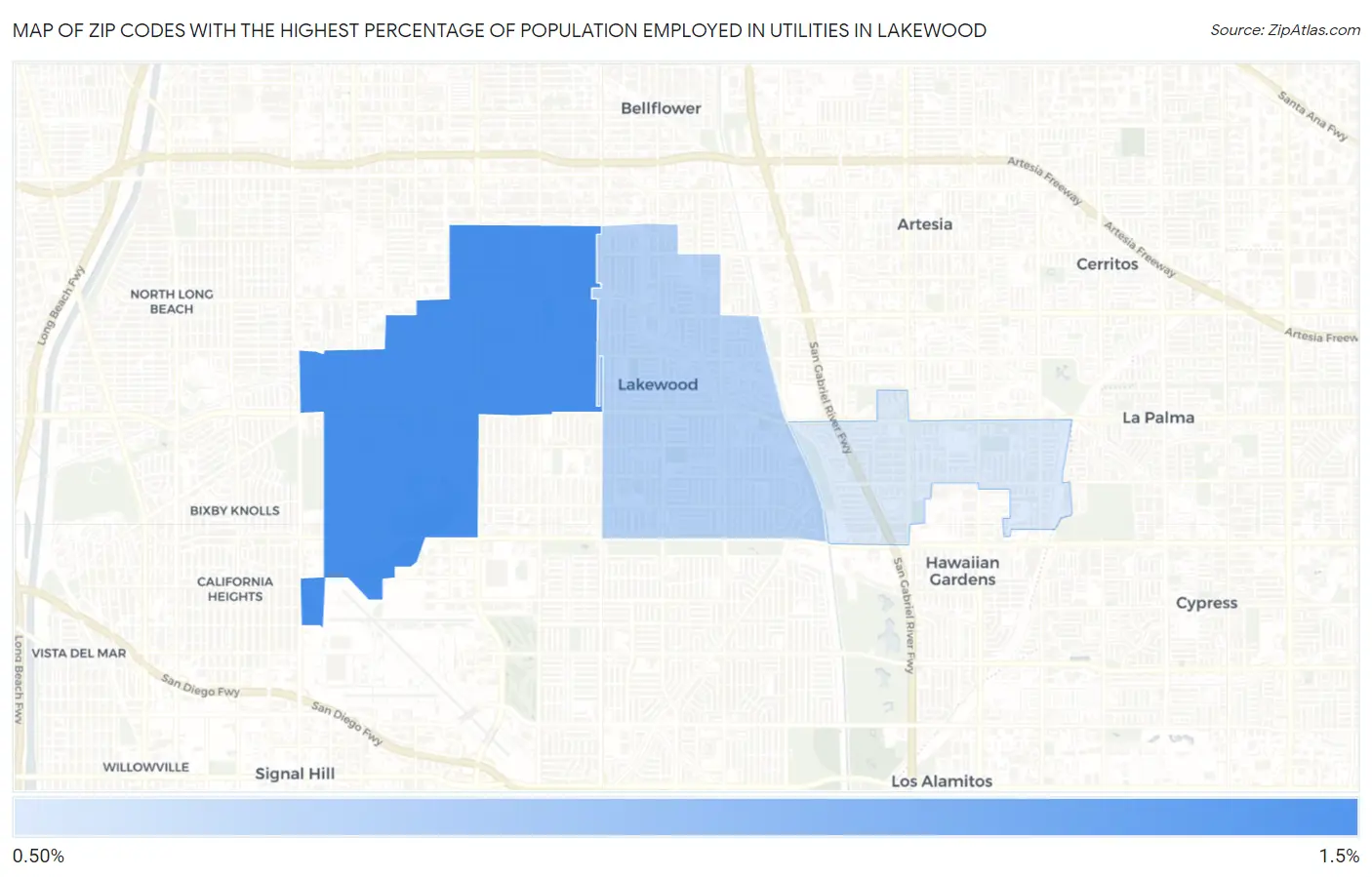 Zip Codes with the Highest Percentage of Population Employed in Utilities in Lakewood Map