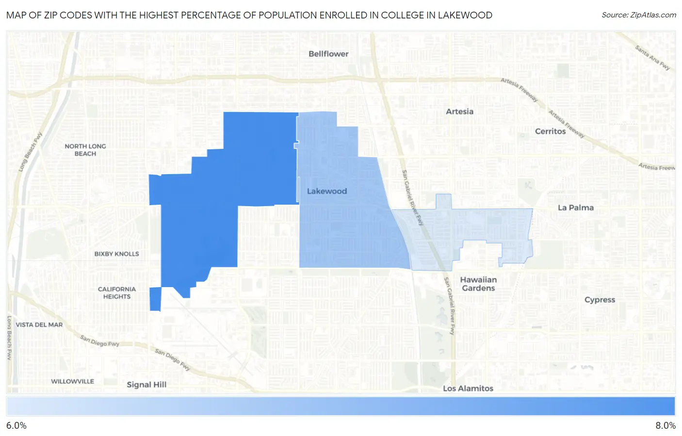 Zip Codes with the Highest Percentage of Population Enrolled in College in Lakewood Map