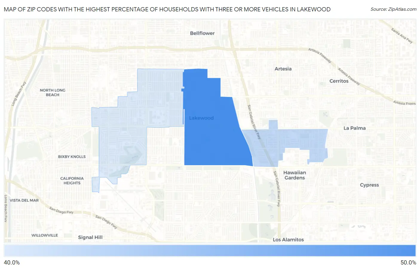 Zip Codes with the Highest Percentage of Households With Three or more Vehicles in Lakewood Map