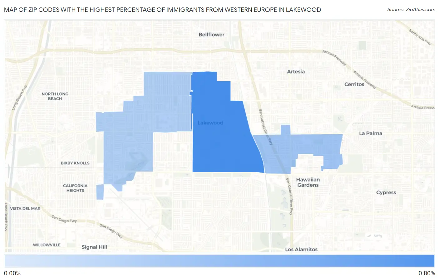 Zip Codes with the Highest Percentage of Immigrants from Western Europe in Lakewood Map