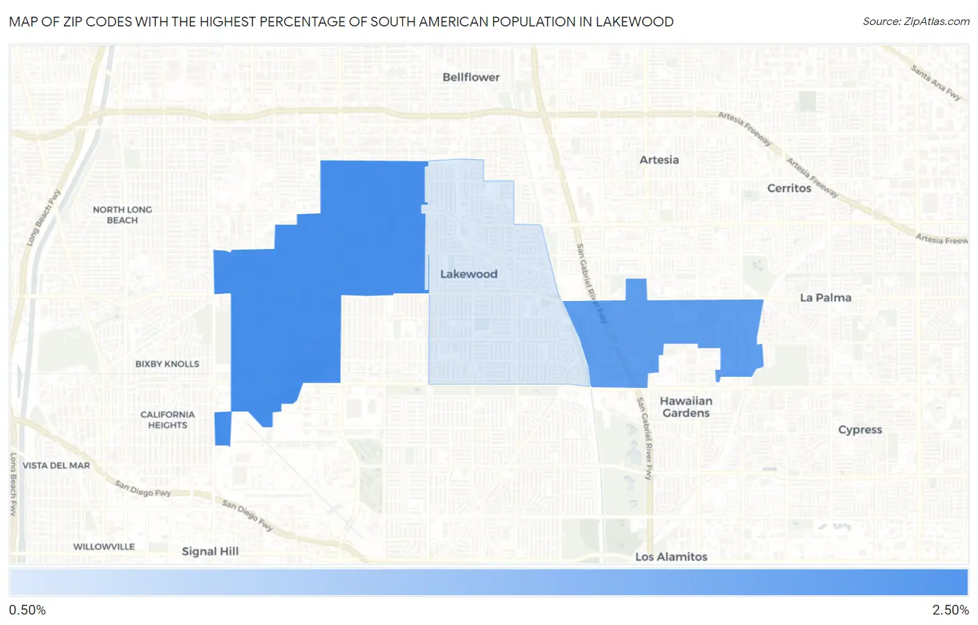 Zip Codes with the Highest Percentage of South American Population in Lakewood Map