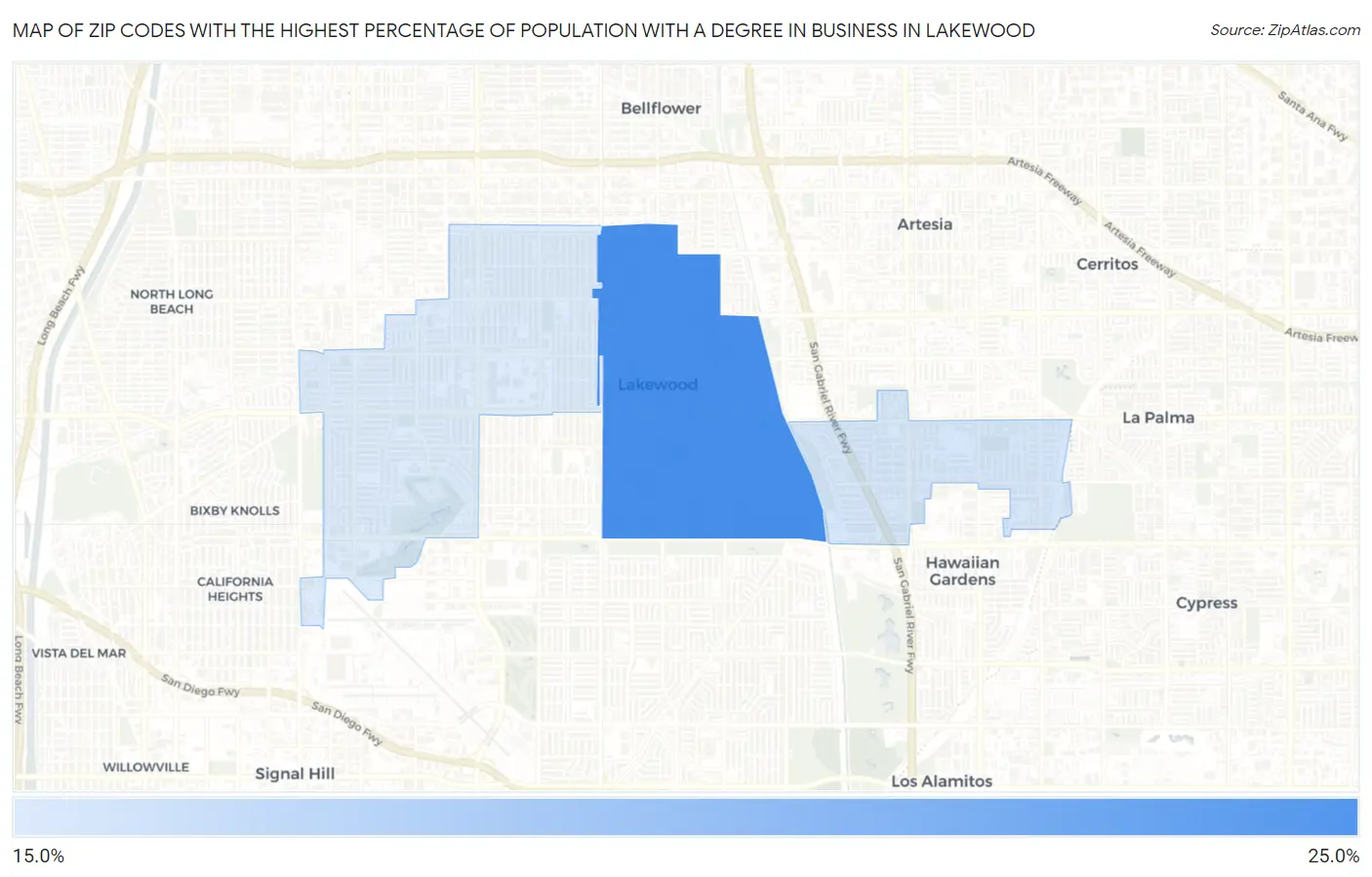 Zip Codes with the Highest Percentage of Population with a Degree in Business in Lakewood Map