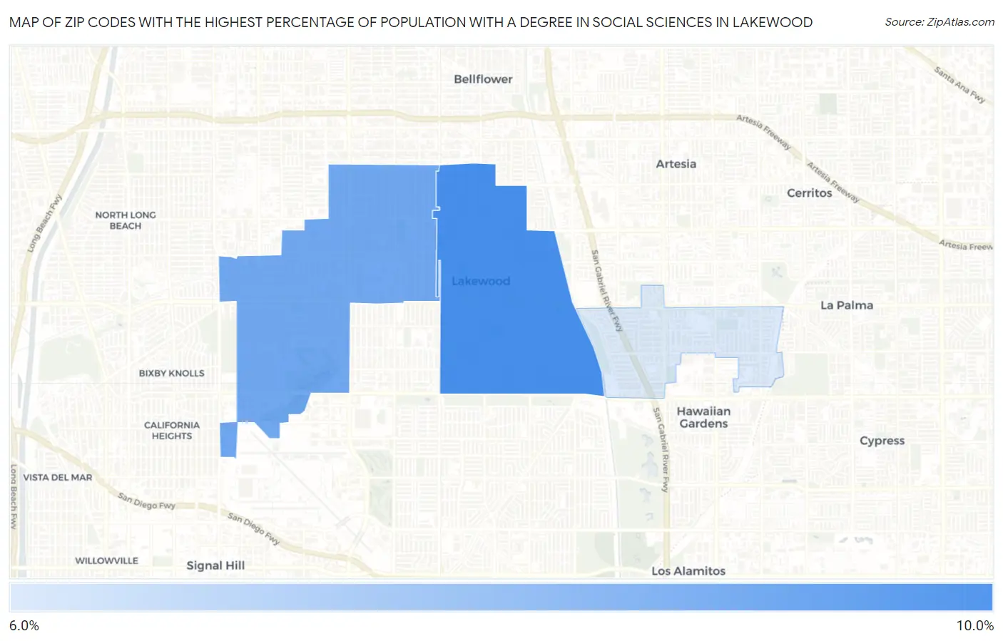 Zip Codes with the Highest Percentage of Population with a Degree in Social Sciences in Lakewood Map