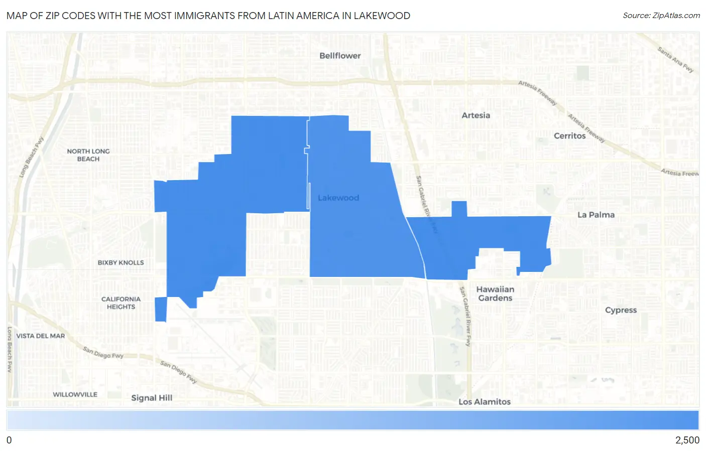 Zip Codes with the Most Immigrants from Latin America in Lakewood Map