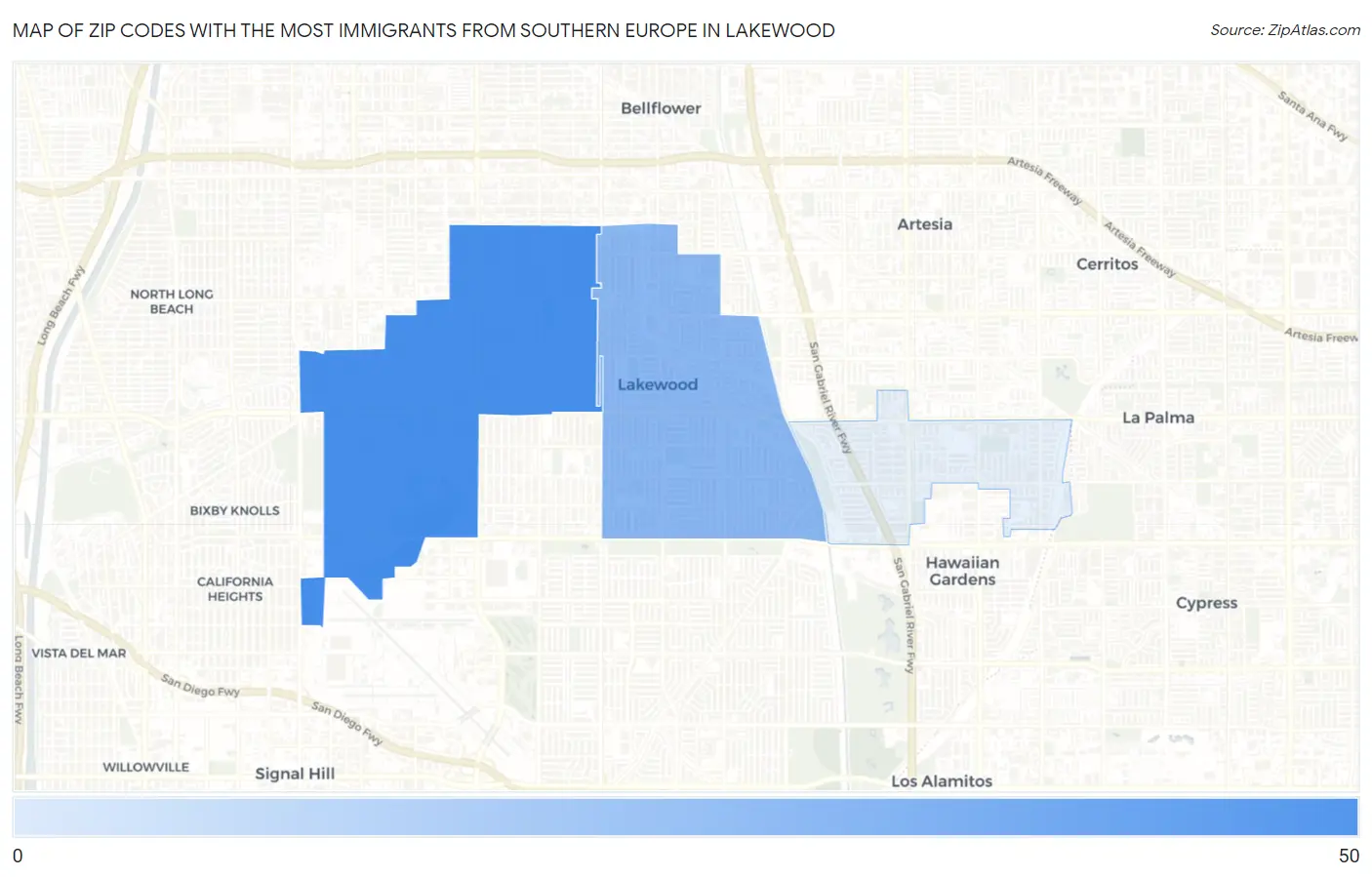 Zip Codes with the Most Immigrants from Southern Europe in Lakewood Map