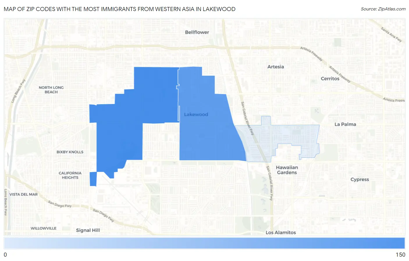 Zip Codes with the Most Immigrants from Western Asia in Lakewood Map