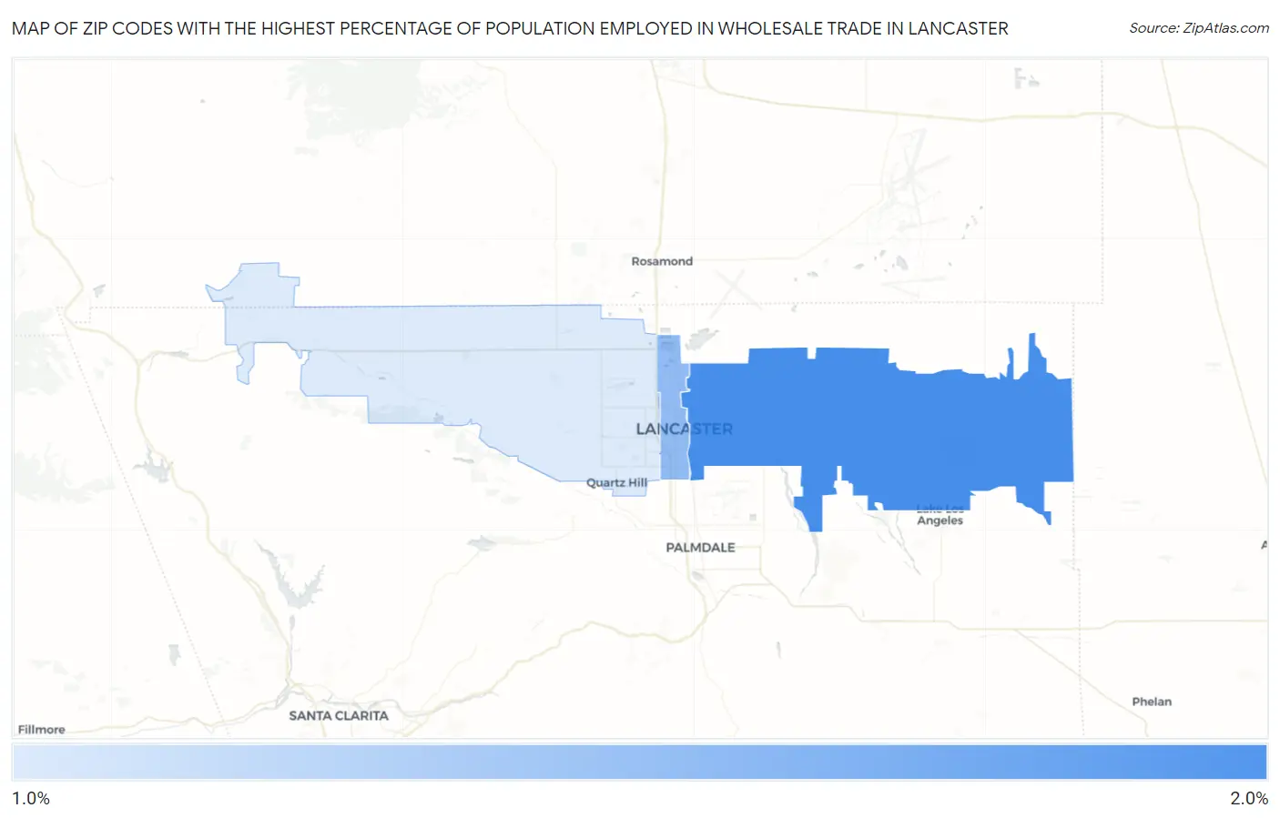 Zip Codes with the Highest Percentage of Population Employed in Wholesale Trade in Lancaster Map