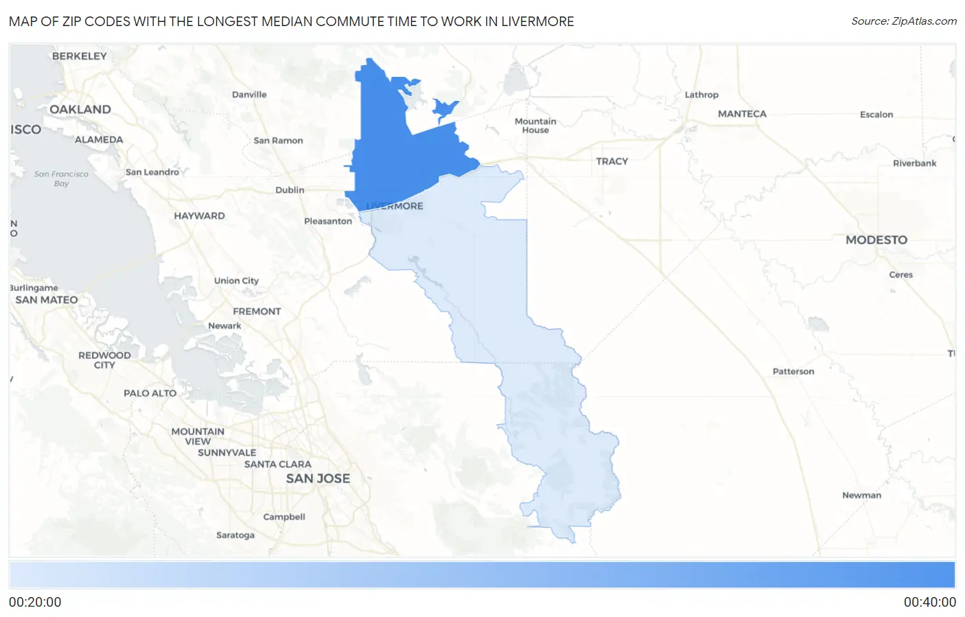 Zip Codes with the Longest Median Commute Time to Work in Livermore Map