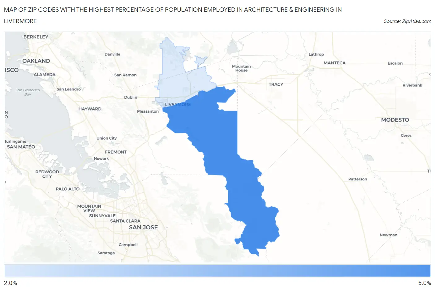 Zip Codes with the Highest Percentage of Population Employed in Architecture & Engineering in Livermore Map