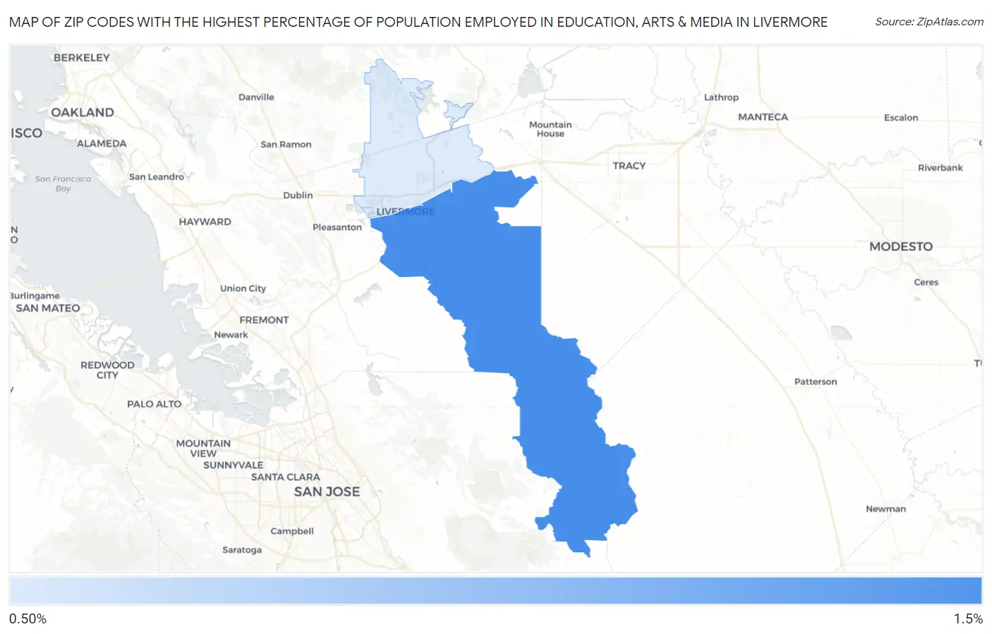 Zip Codes with the Highest Percentage of Population Employed in Education, Arts & Media in Livermore Map