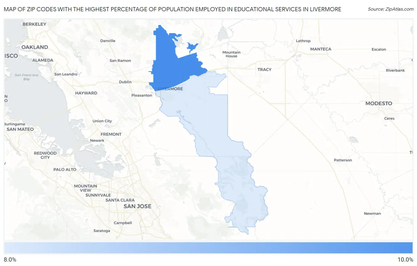 Zip Codes with the Highest Percentage of Population Employed in Educational Services in Livermore Map