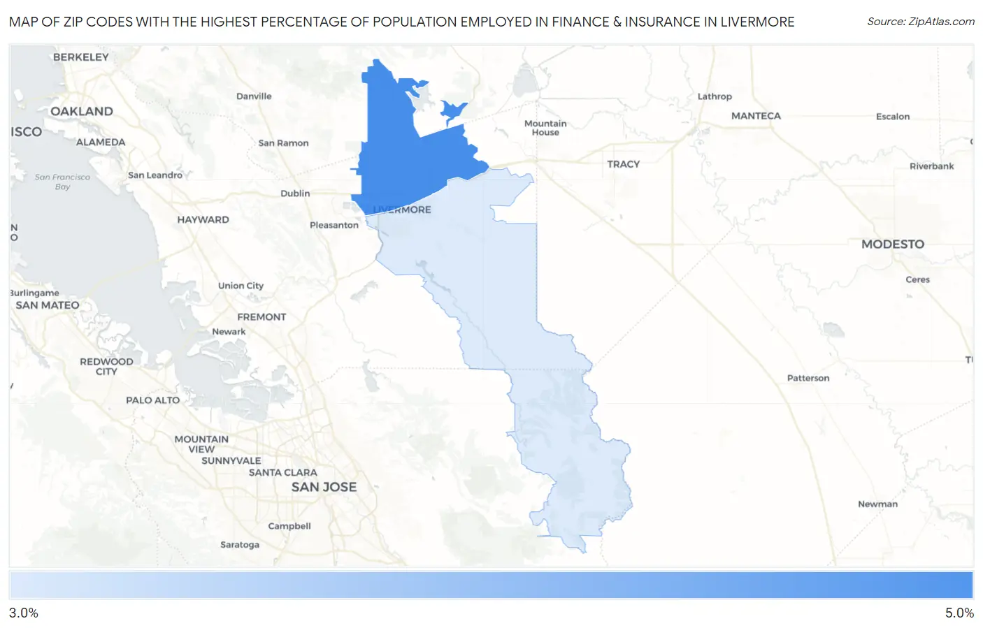 Zip Codes with the Highest Percentage of Population Employed in Finance & Insurance in Livermore Map