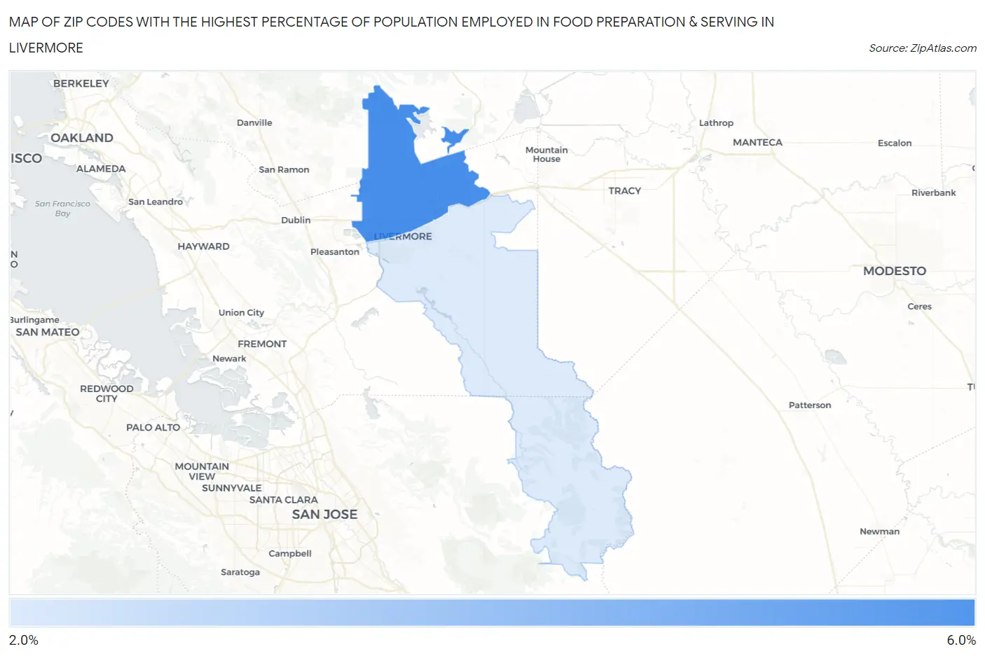 Zip Codes with the Highest Percentage of Population Employed in Food Preparation & Serving in Livermore Map