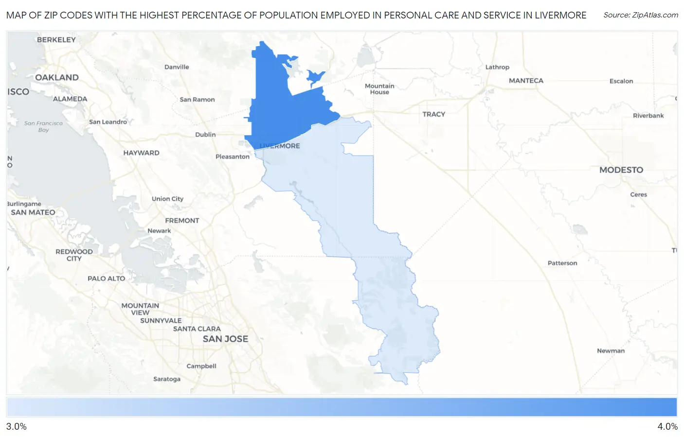 Zip Codes with the Highest Percentage of Population Employed in Personal Care and Service in Livermore Map