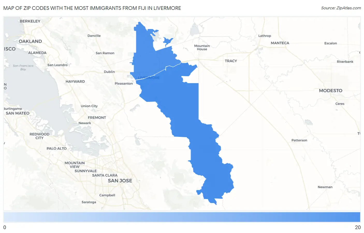 Zip Codes with the Most Immigrants from Fiji in Livermore Map