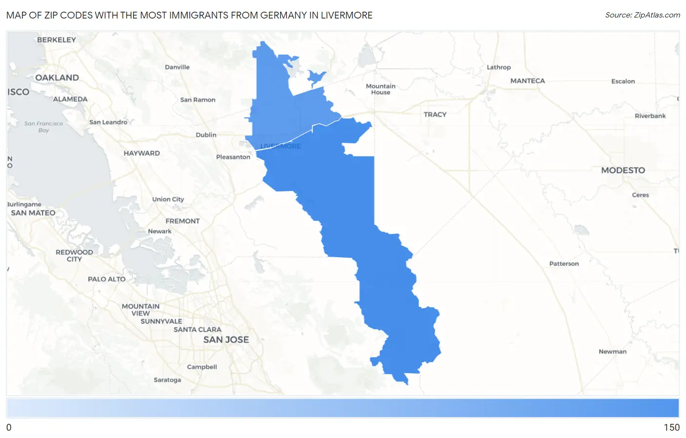 Zip Codes with the Most Immigrants from Germany in Livermore Map