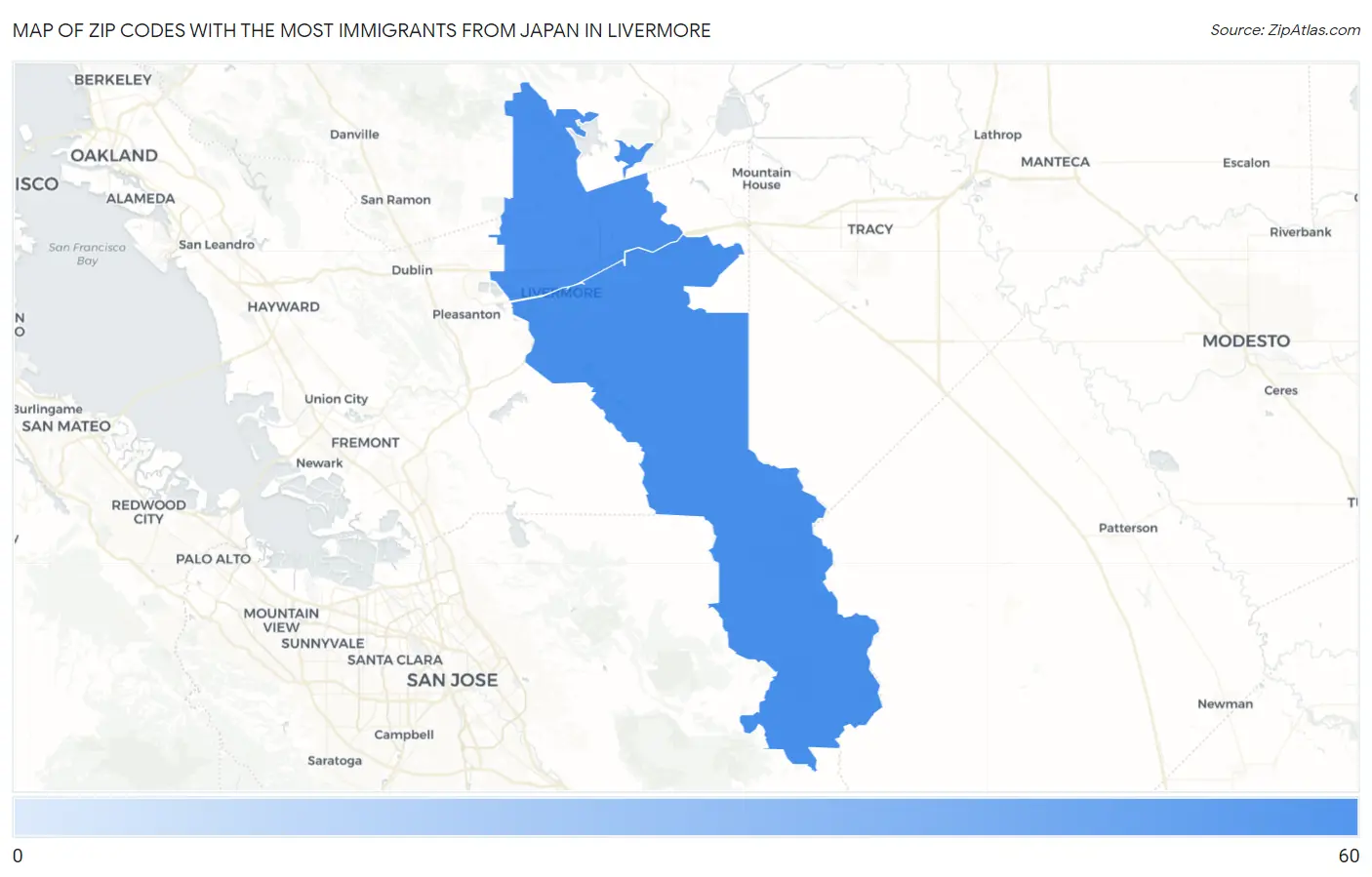 Zip Codes with the Most Immigrants from Japan in Livermore Map