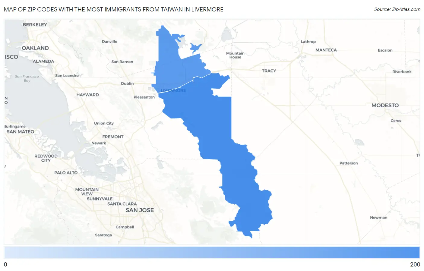 Zip Codes with the Most Immigrants from Taiwan in Livermore Map