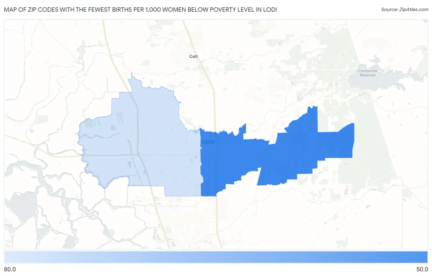 Zip Codes with the Fewest Births per 1,000 Women Below Poverty Level in Lodi Map