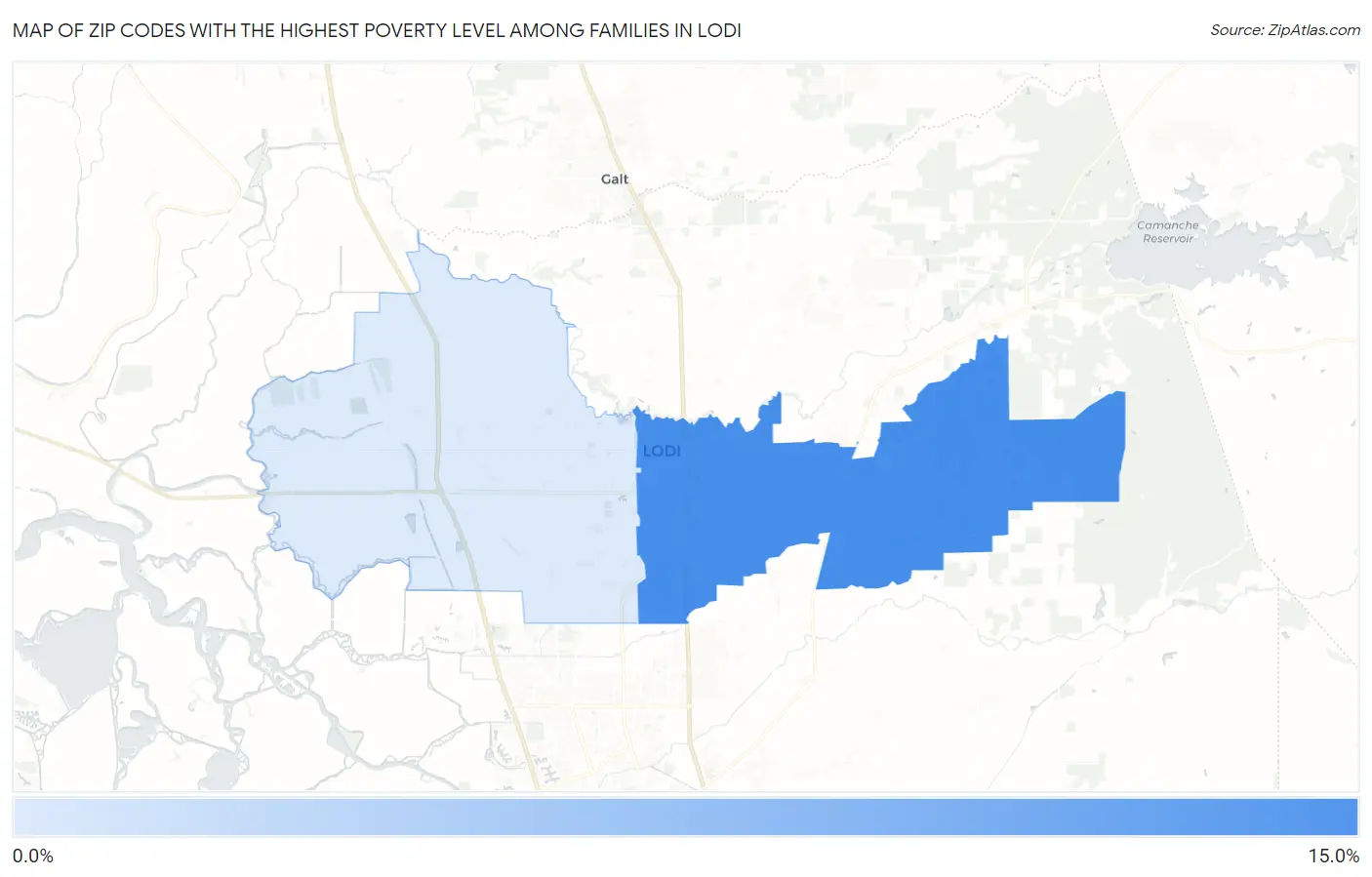 Zip Codes with the Highest Poverty Level Among Families in Lodi Map