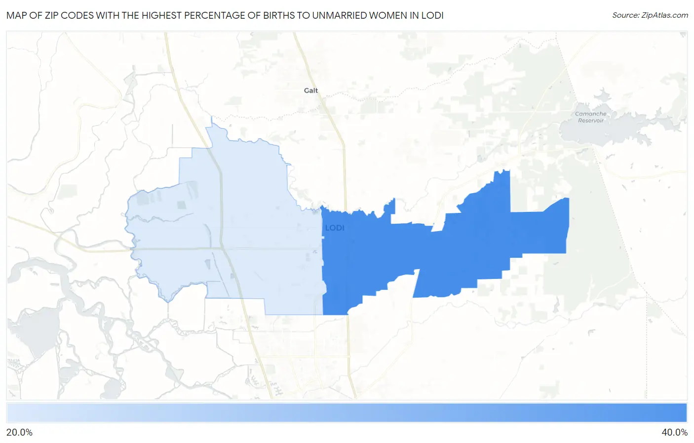 Zip Codes with the Highest Percentage of Births to Unmarried Women in Lodi Map