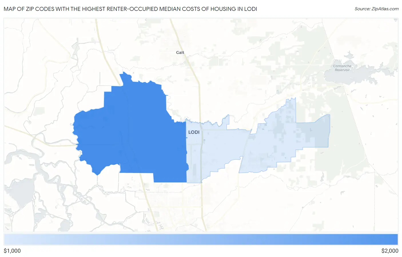 Zip Codes with the Highest Renter-Occupied Median Costs of Housing in Lodi Map