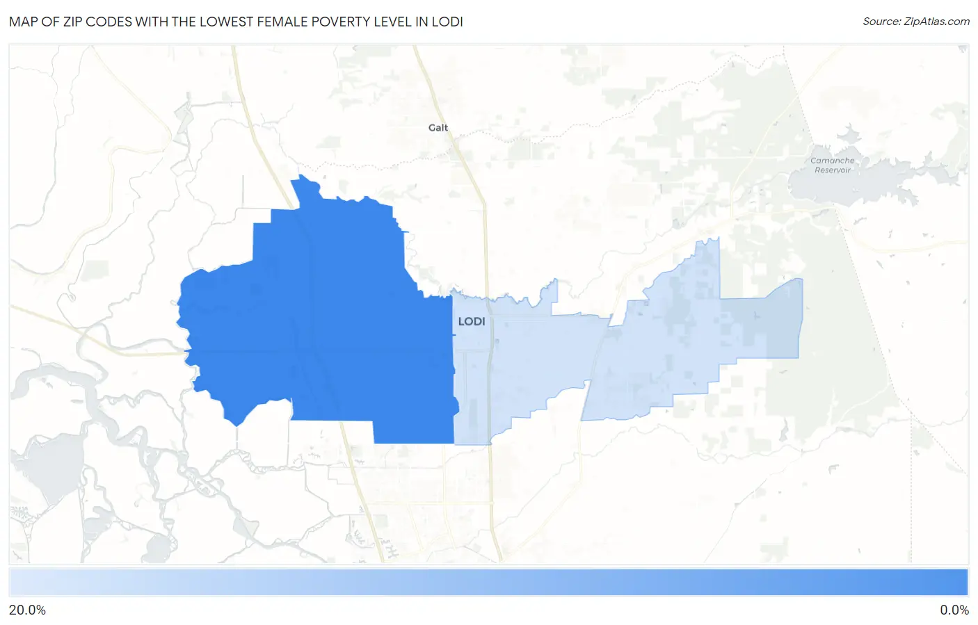 Zip Codes with the Lowest Female Poverty Level in Lodi Map