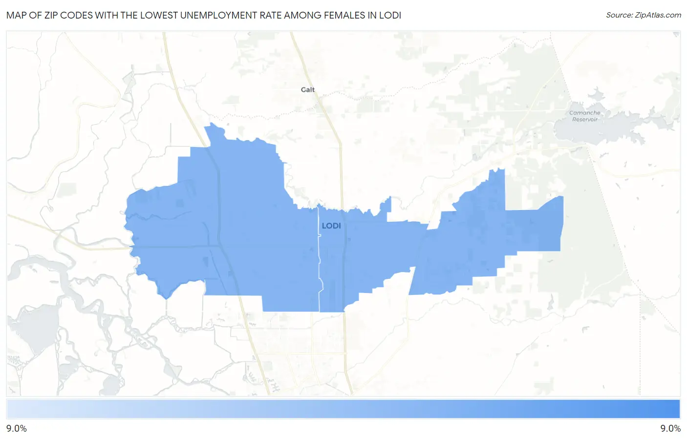 Zip Codes with the Lowest Unemployment Rate Among Females in Lodi Map