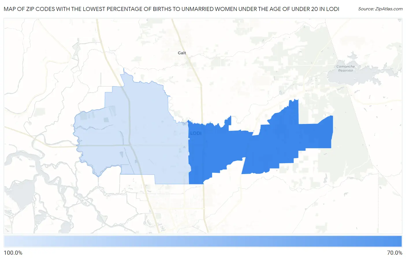 Zip Codes with the Lowest Percentage of Births to Unmarried Women under the Age of under 20 in Lodi Map