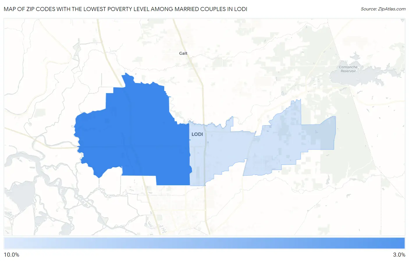 Zip Codes with the Lowest Poverty Level Among Married Couples in Lodi Map