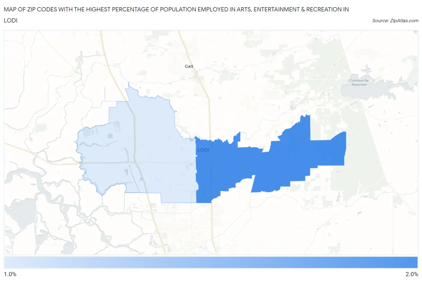 Zip Codes with the Highest Percentage of Population Employed in Arts, Entertainment & Recreation in Lodi Map