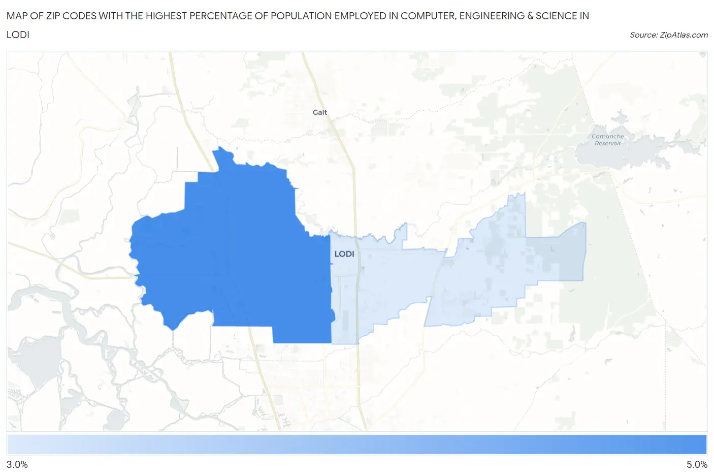 Zip Codes with the Highest Percentage of Population Employed in Computer, Engineering & Science in Lodi Map