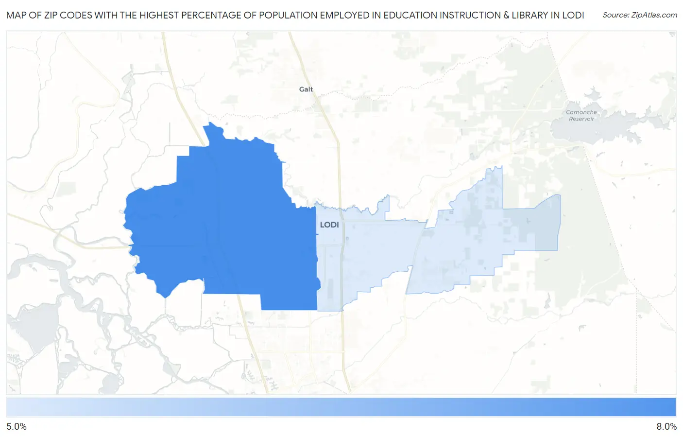Zip Codes with the Highest Percentage of Population Employed in Education Instruction & Library in Lodi Map