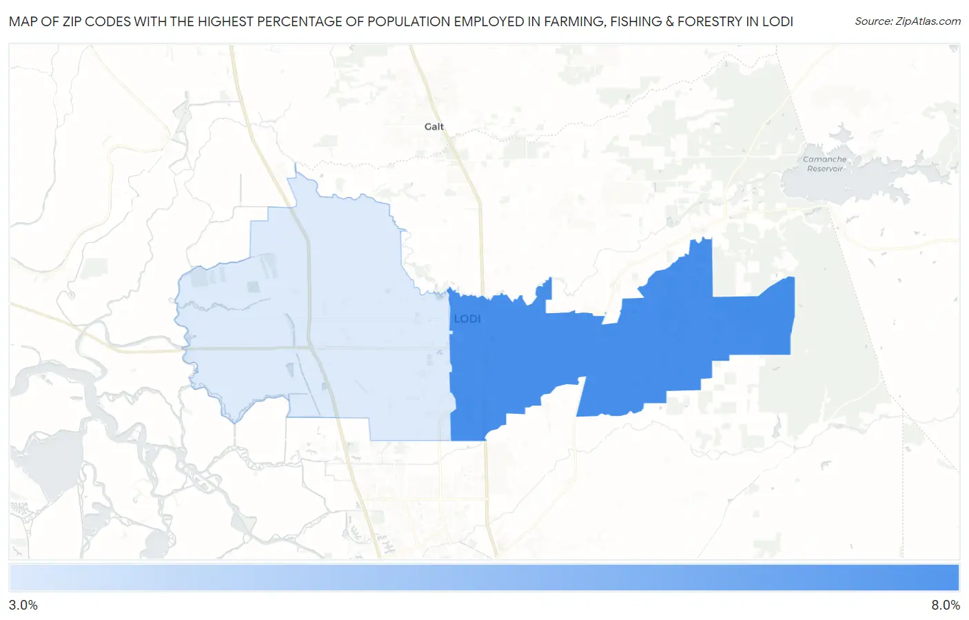 Zip Codes with the Highest Percentage of Population Employed in Farming, Fishing & Forestry in Lodi Map