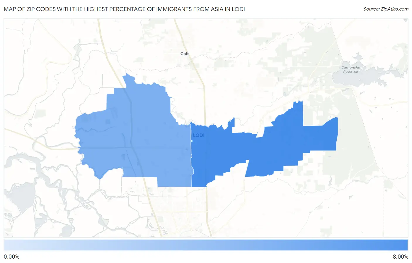 Zip Codes with the Highest Percentage of Immigrants from Asia in Lodi Map