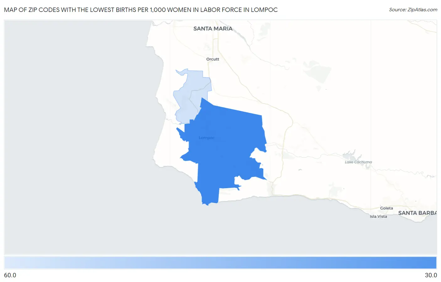 Zip Codes with the Lowest Births per 1,000 Women in Labor Force in Lompoc Map