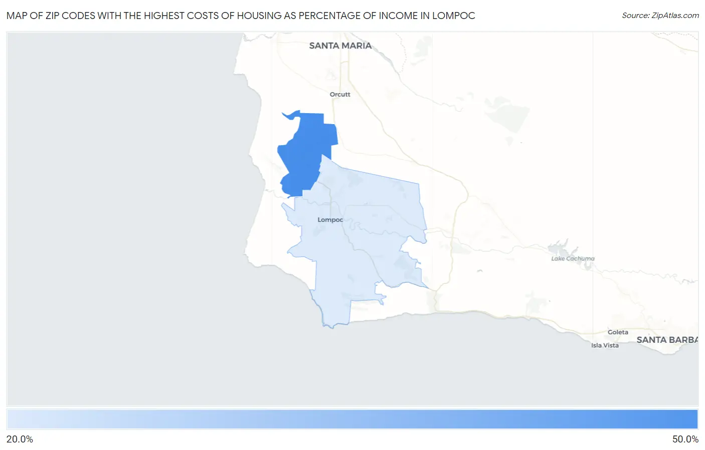 Zip Codes with the Highest Costs of Housing as Percentage of Income in Lompoc Map