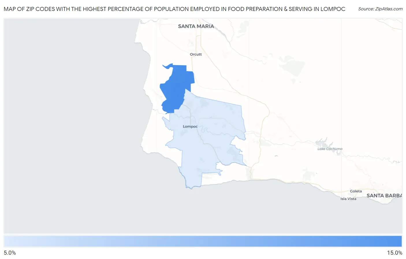 Zip Codes with the Highest Percentage of Population Employed in Food Preparation & Serving in Lompoc Map