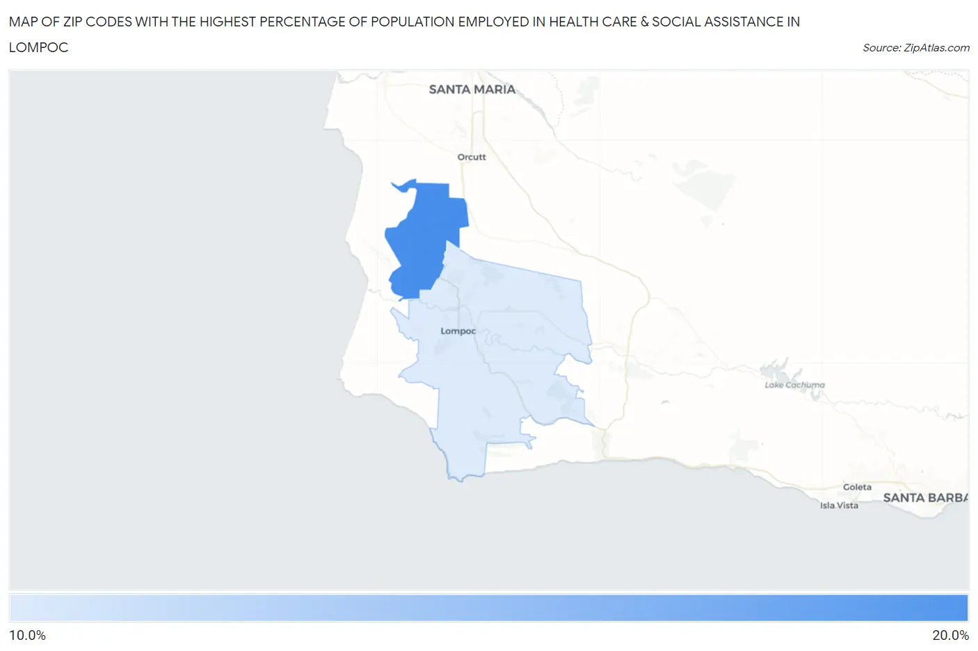 Zip Codes with the Highest Percentage of Population Employed in Health Care & Social Assistance in Lompoc Map