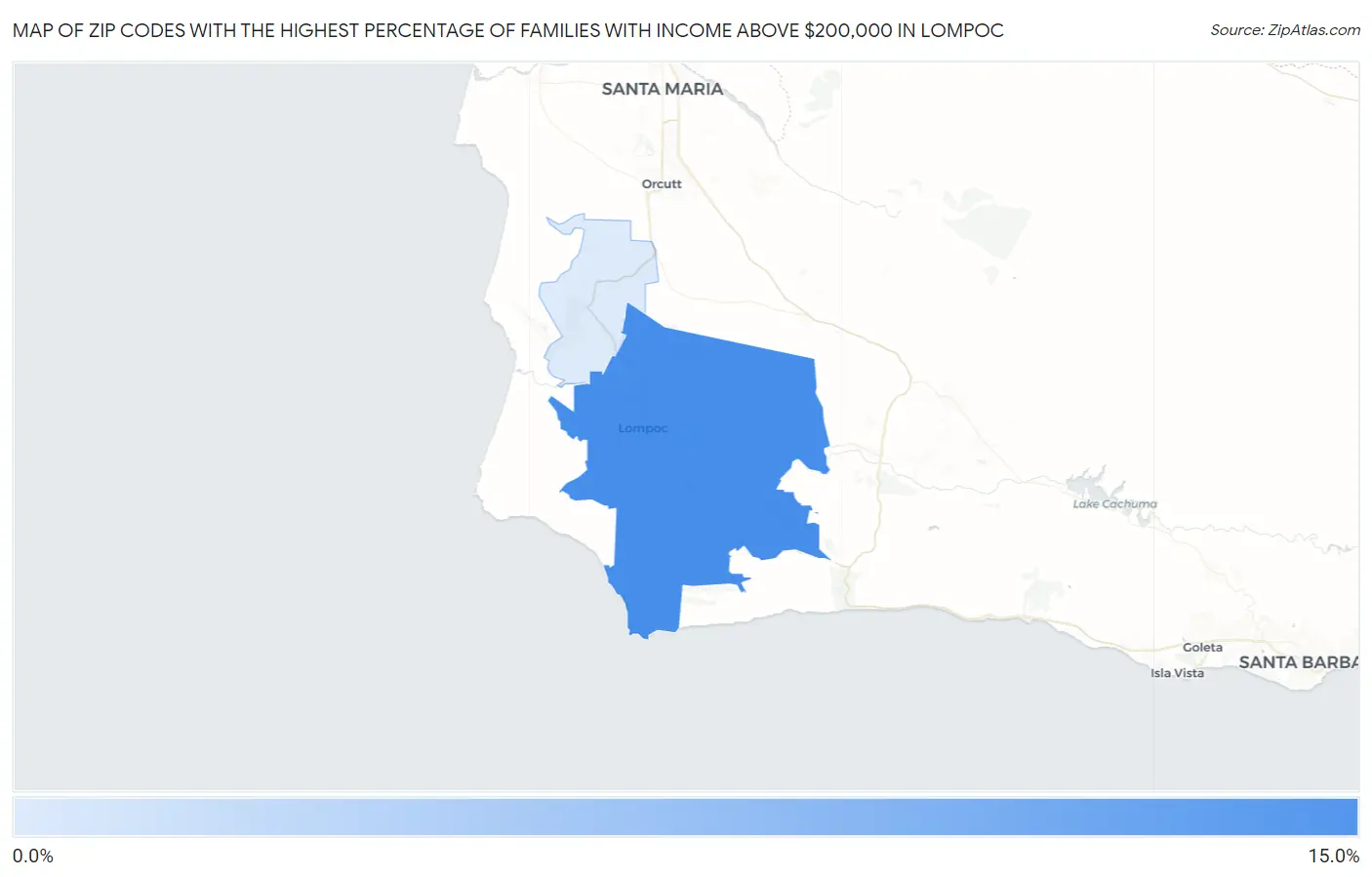 Zip Codes with the Highest Percentage of Families with Income Above $200,000 in Lompoc Map