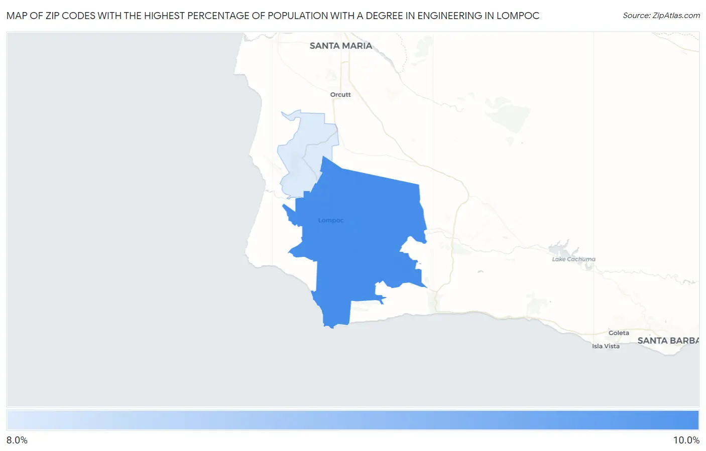 Zip Codes with the Highest Percentage of Population with a Degree in Engineering in Lompoc Map