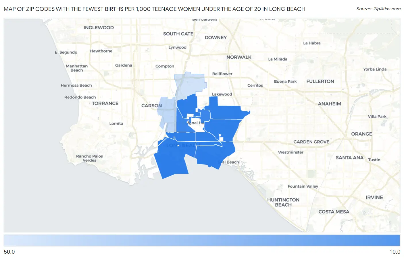 Zip Codes with the Fewest Births per 1,000 Teenage Women Under the Age of 20 in Long Beach Map