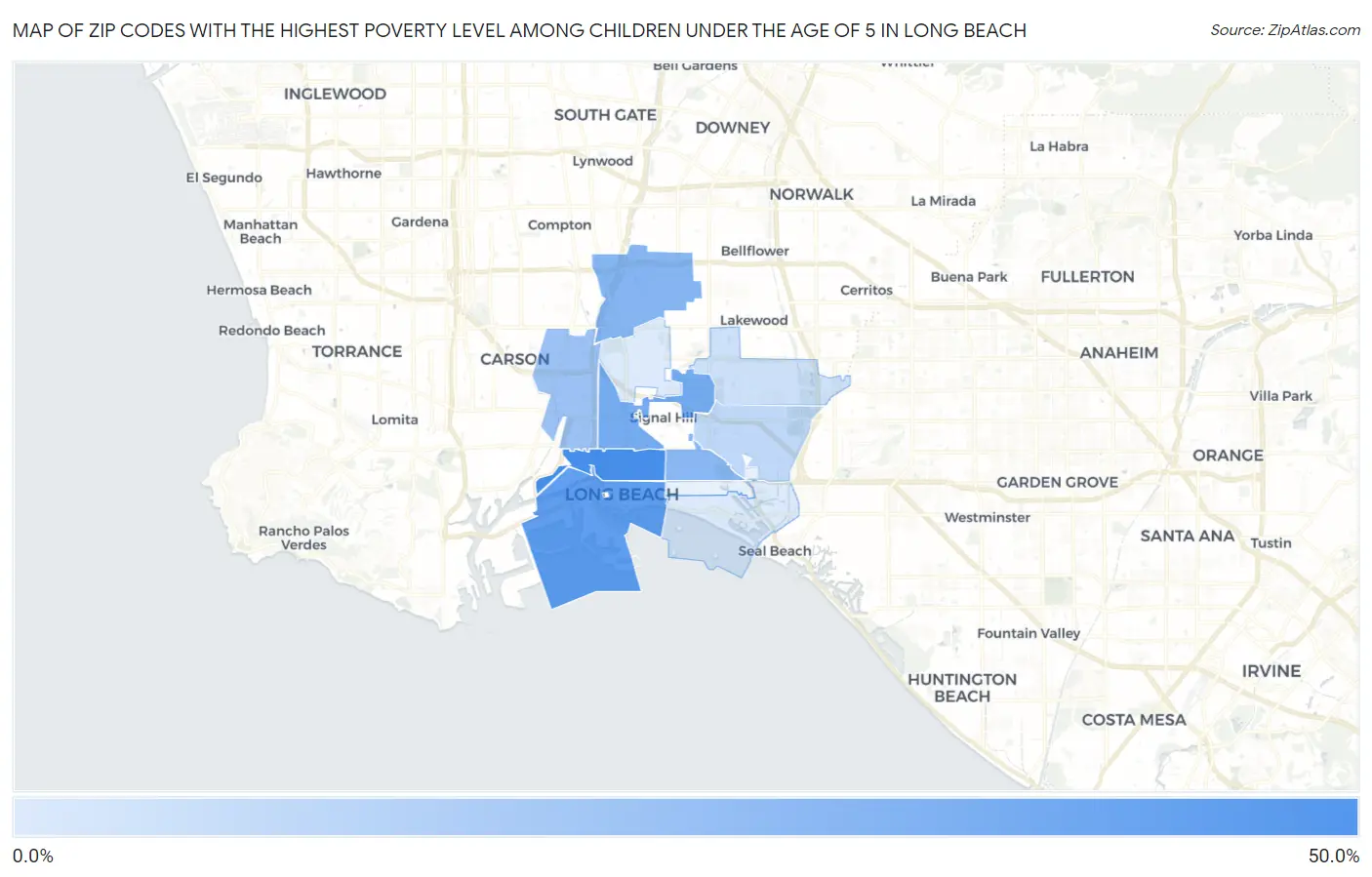 Zip Codes with the Highest Poverty Level Among Children Under the Age of 5 in Long Beach Map